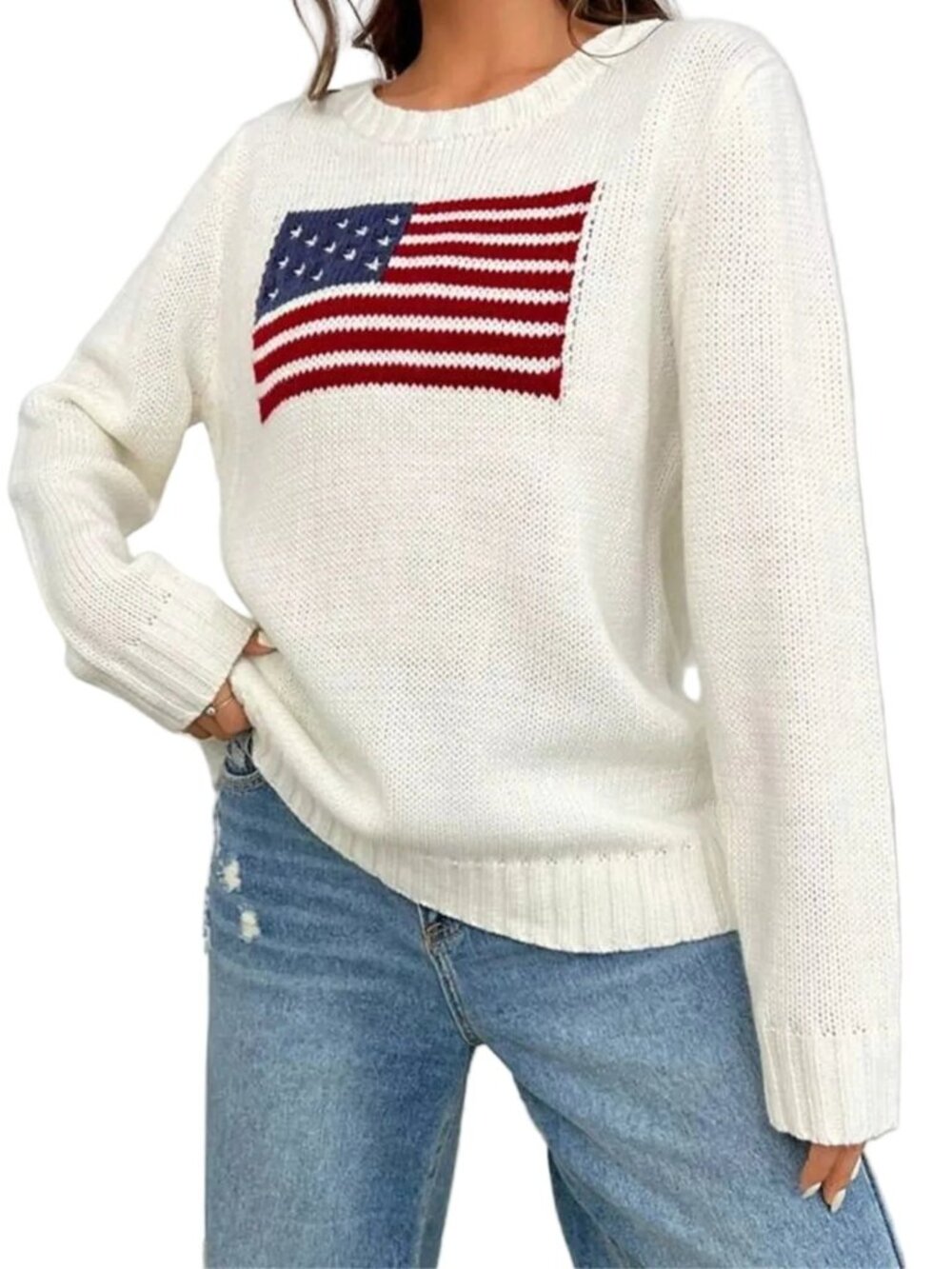 American USA Flag Stars & Stripes Round Neck Long Sleeve Pullover Knit Sweater - Picture 5 of 8